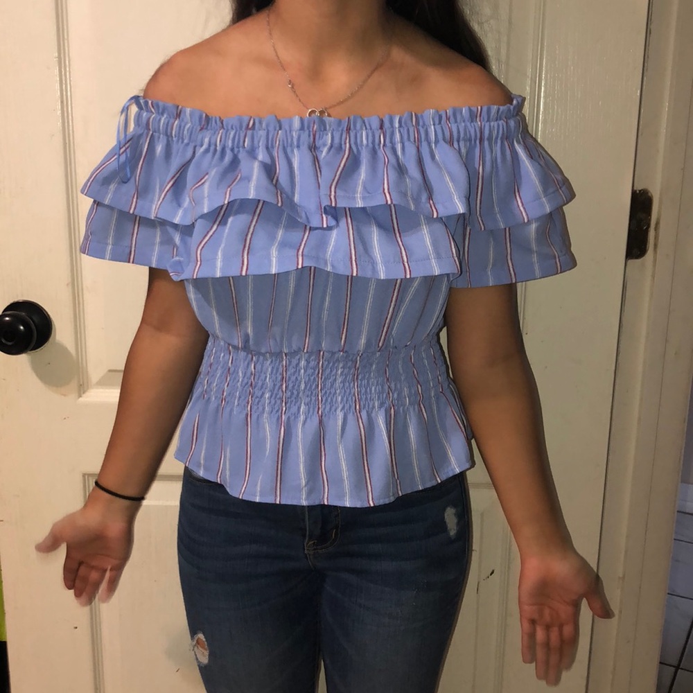 Blue, red, white striped shirt